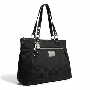 Coach Poppy Black Signature Nylon Patent Trim Tote Bag | Hot Pink Lining | EUC